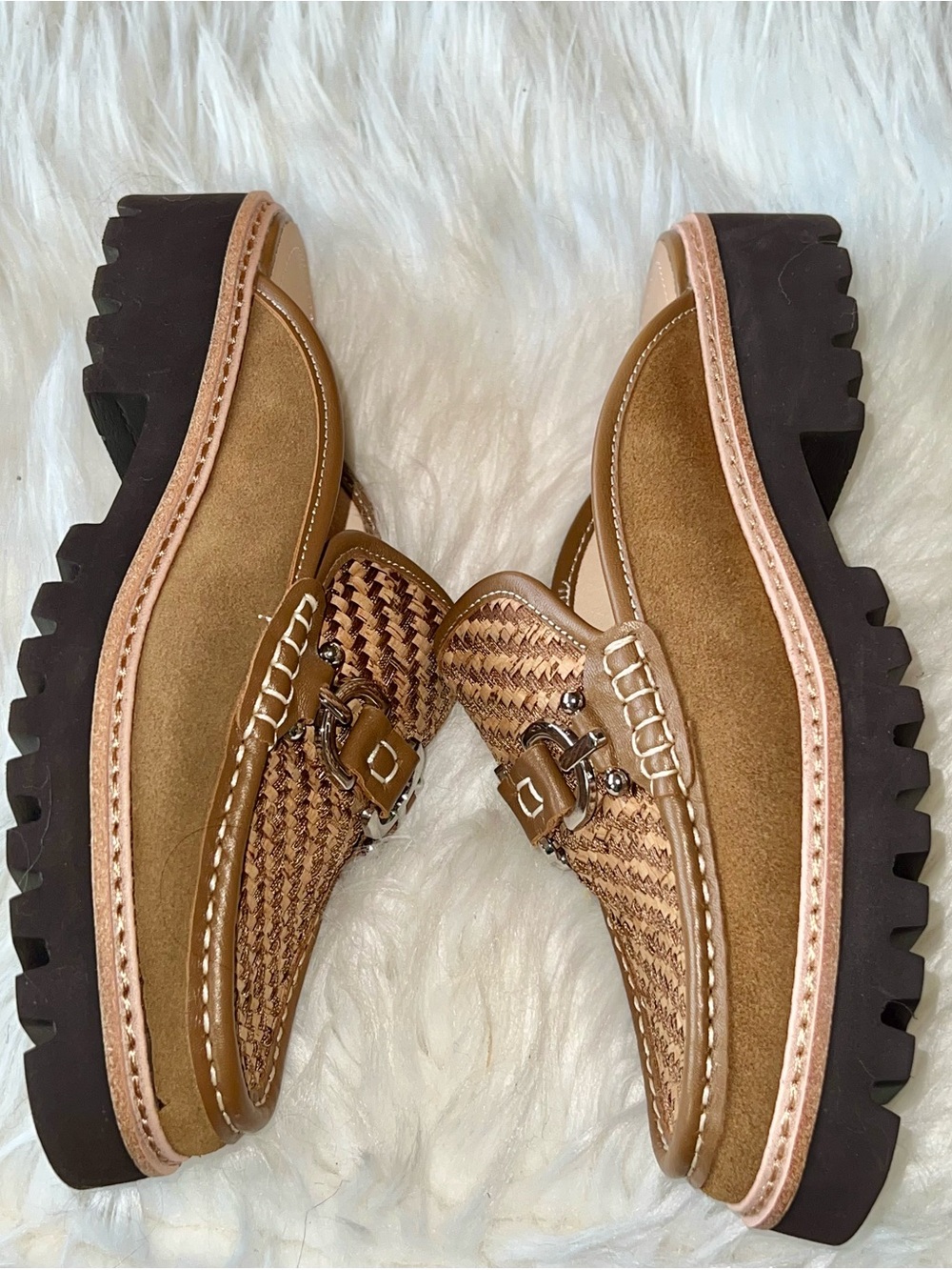 Donald J. Pliner Woven Tan Leather Slide Mules with Metallic Bit - Picture 4 of 5